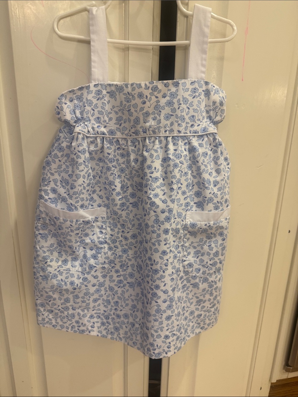 Girls Blue Floral Pinafore Dress - White Trim